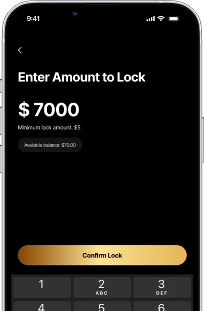 TimeVault Enter Amount to Lock screen with an amount, keypad and Confirm Lock button