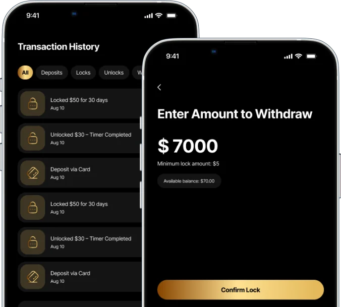 TimeVault Transaction History screen with filter chips and entries, beside the Enter Amount to Withdraw screen